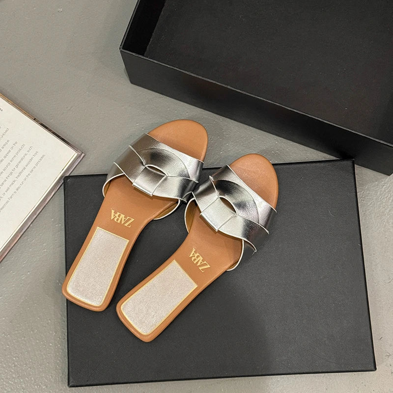 NAZSQ Women's Open Toe Flat Slides - Casual Summer Sandals