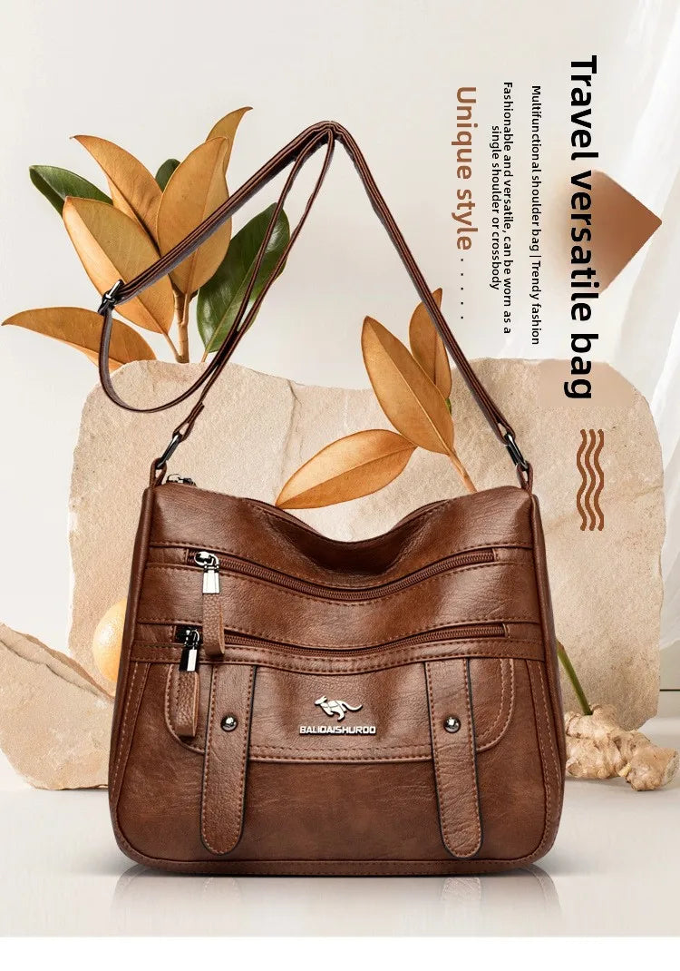 Trendy Women's Soft Leather Shoulder Bag Large Capacity Diagonal Crossbody Bag Street Style Matron Bag Fashionable All-Match
