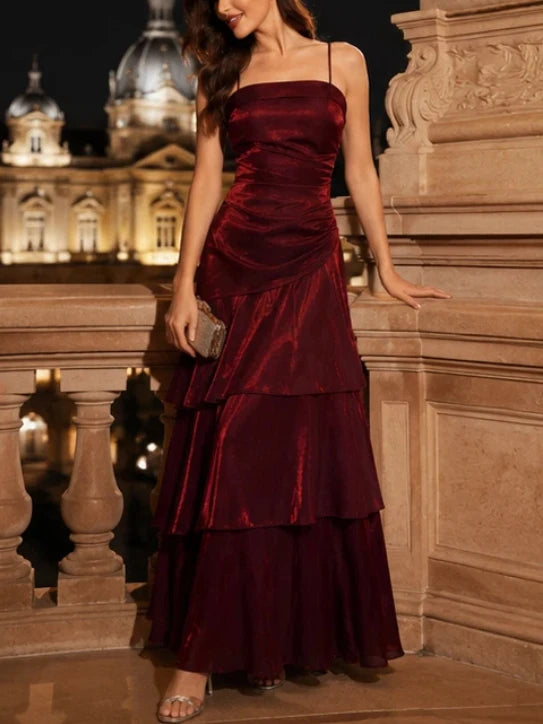 Elegant French Spaghetti Strap Maxi Evening Party Dress Women Slim Fit Ruffle Hem Party Prom Dresses Banquet Gown Wedding Guest