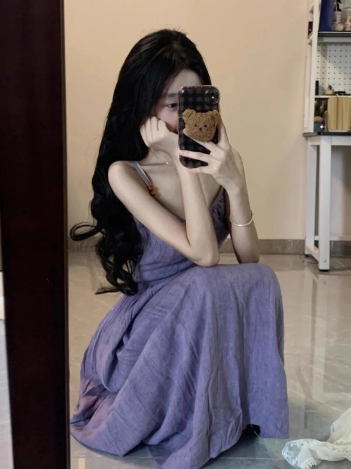 Dopamine Beautiful Purple Strap Dress Women Summer 520 Date Island Vacation Waist Cinch Beach Skirt A-Line Long Dress V-Neck ...