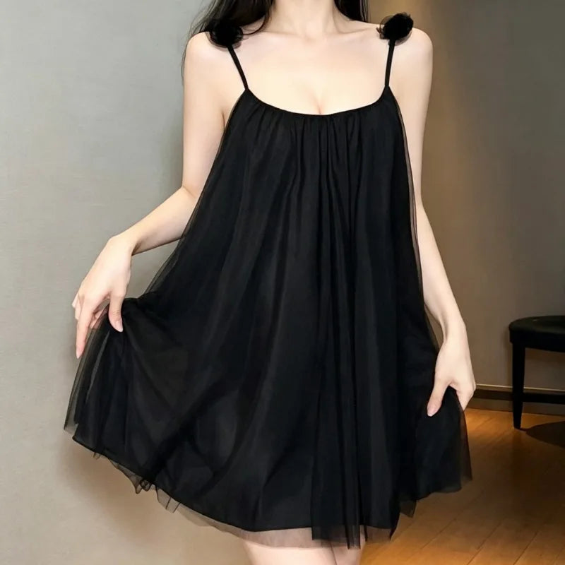 Sweet Cute Women Summer Nightgown Solid Spaghetti Strap Flower Design Sleep Dress Ladies Koran Style New Homewear Loungewear