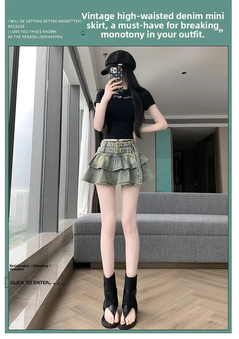 American Pure Desire Spicy Girl Design Elastic Denim Skirt Half-length Pleated Cake Skirt Short Commute High Elasticity