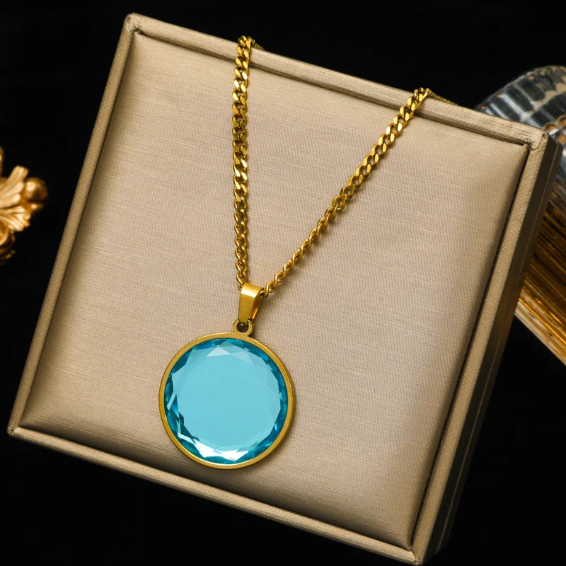 Eilieck 316L Stainless Steel Colored Crystal Pendant Necklace For Women Elegant Choker Clavicle Chain Jewelry