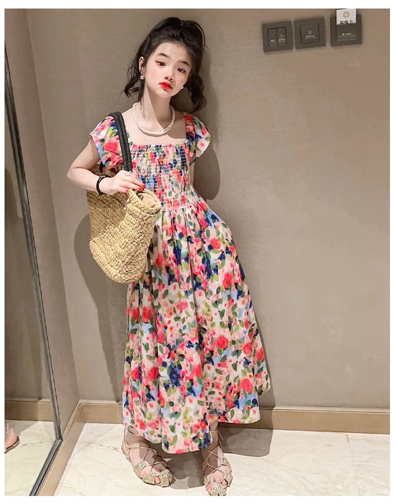 Girls floral dress summer dress children's summer thin princess dress older children girls skirt