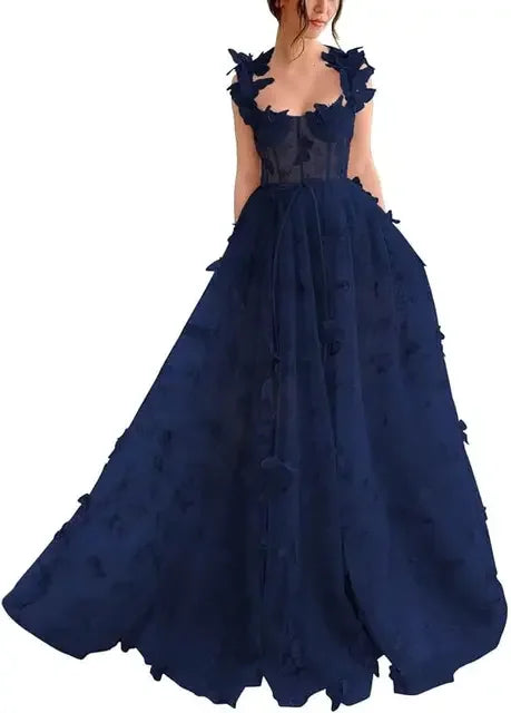 with Lace 3D Butterfly Sexy Slit Ball Gown Evening Dresses Wedding Formal Party Vestidos New Women Corset Long Tulle Prom Dress