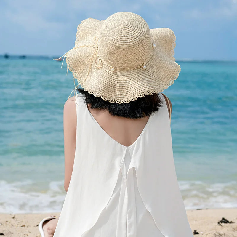 Summer New Children's Sun Hat Kids Wave Large Brimmed Straw Hat and Bag Sets Girls Sunscreen Beach Hats Baby Hand-knitted Cap