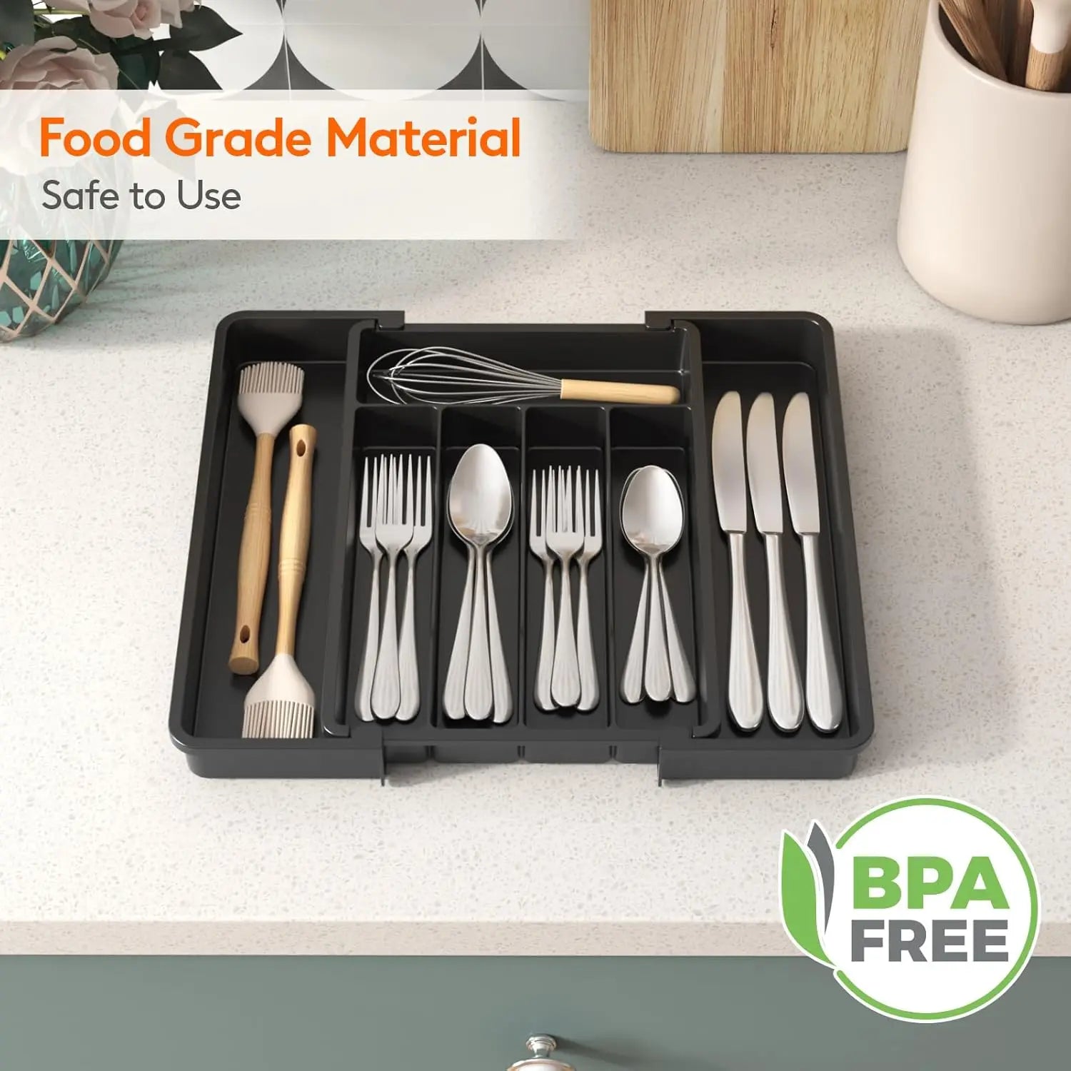 1 organizador de cubiertos plateados - Organizador expandible de cajones de cocina, organizador ajustable de utensilios, bandeja de cubiertos para tenedores, cuchillos,