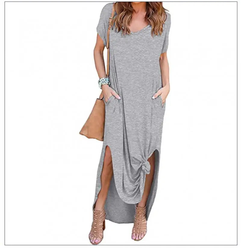 Women's Casual Maxi Dress V Neck Short Sleeve Dresses Loose Fit Long Dress with Pockets Side Slit Outfit Home Casual Daily Wear