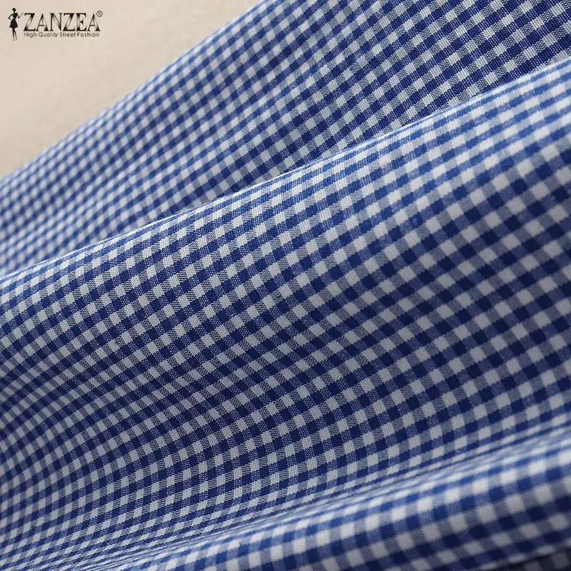 ZANZEA Women's Casual Gingham Short Dresses Turn-Down Collar Half-Button Short Sleeve Knee-Length Dress Summer Robes Femme