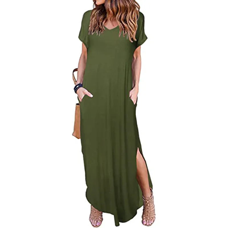 Women's Casual Maxi Dress V Neck Short Sleeve Dresses Loose Fit Long Dress with Pockets Side Slit Outfit Home Casual Daily Wear