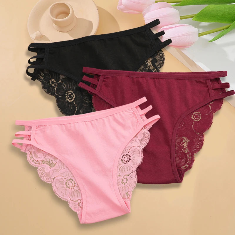 Sexy Floral Lace Panties 3Pc Set For Women Low Rise Hollow Out Transparent Briefs