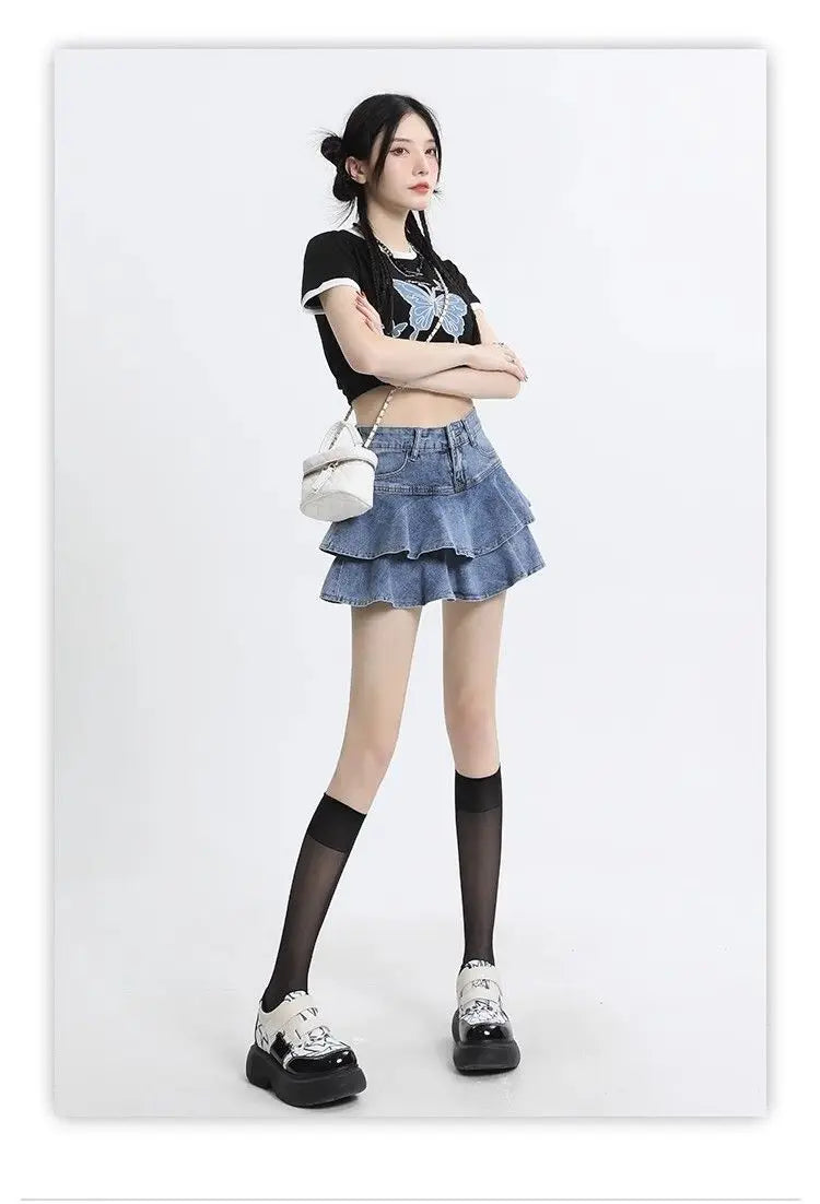 Women's Double Layer Ruffled Denim Mini Skirt With Heart Chain Decoration