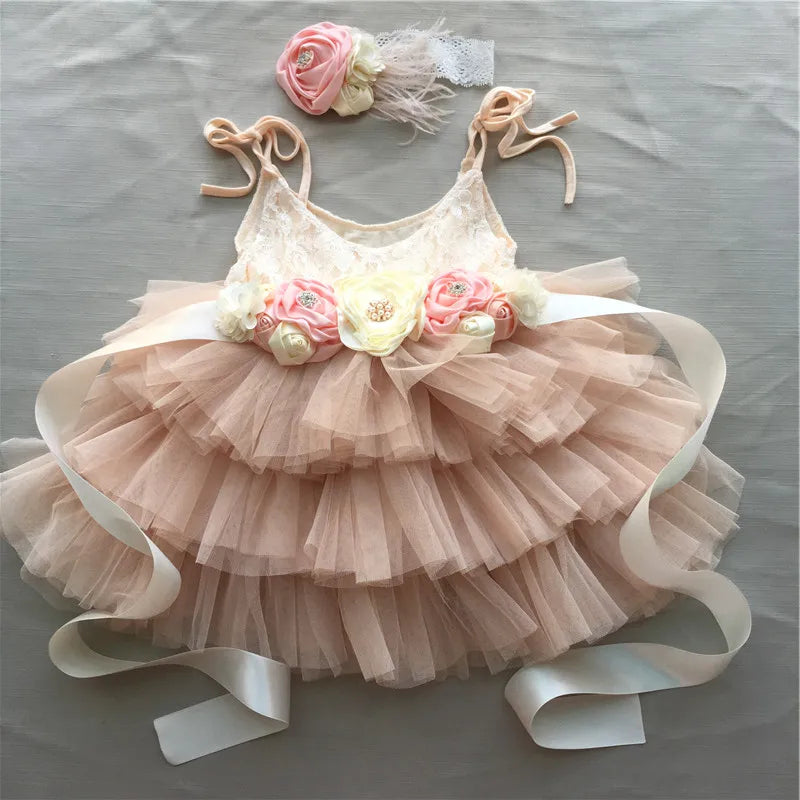New Born Baby Girls Birthday Dress for Kids Flowers Girls Party Tutus Costume Belt Headband 3pcs Outfit Set Princess Vestidos