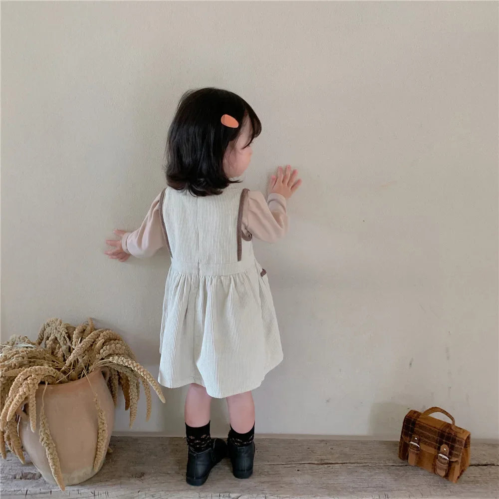 2025 Vinatge Baby Corduroy Sleeveless Dress Little Girls Sundress and Long Sleeve Tops Autumn Winter  Two Piece Set Children
