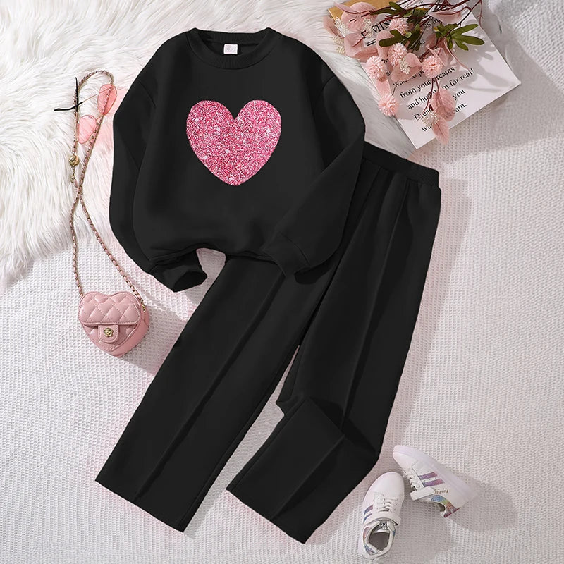 Children‘s Autumn Winter Warm Clothes Sets For Girls Solid Color Heart Print Top And Pants Daily Causal Sports Loose Lounge Wear