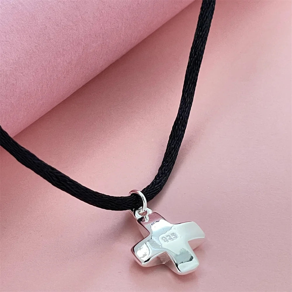 Exquisite 925 Silver Jewelry, Short Cross Pendant With Black Rope, Suitable For Daily Wear Or Giving