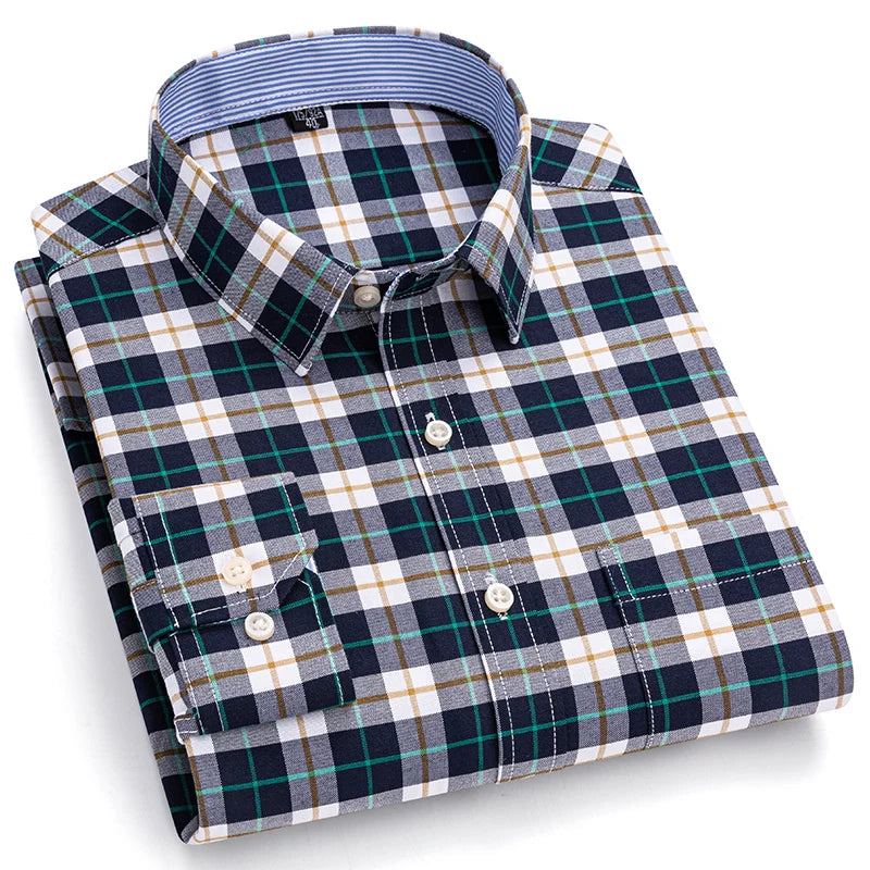 Men's Social Shirts Long Sleeve 100%Pure Cotton Oxford Buttoned Plaid Formal Male Casual Clothes Oversized Shirt Plus Size S-7XL