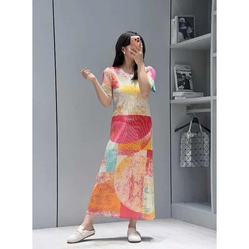 Miyake Pleated Dresses 2026 Summer New Fashion Printed Round Neck Short Sleeve Elegant Women's Draped Elastic Wrinkle-Free Dress