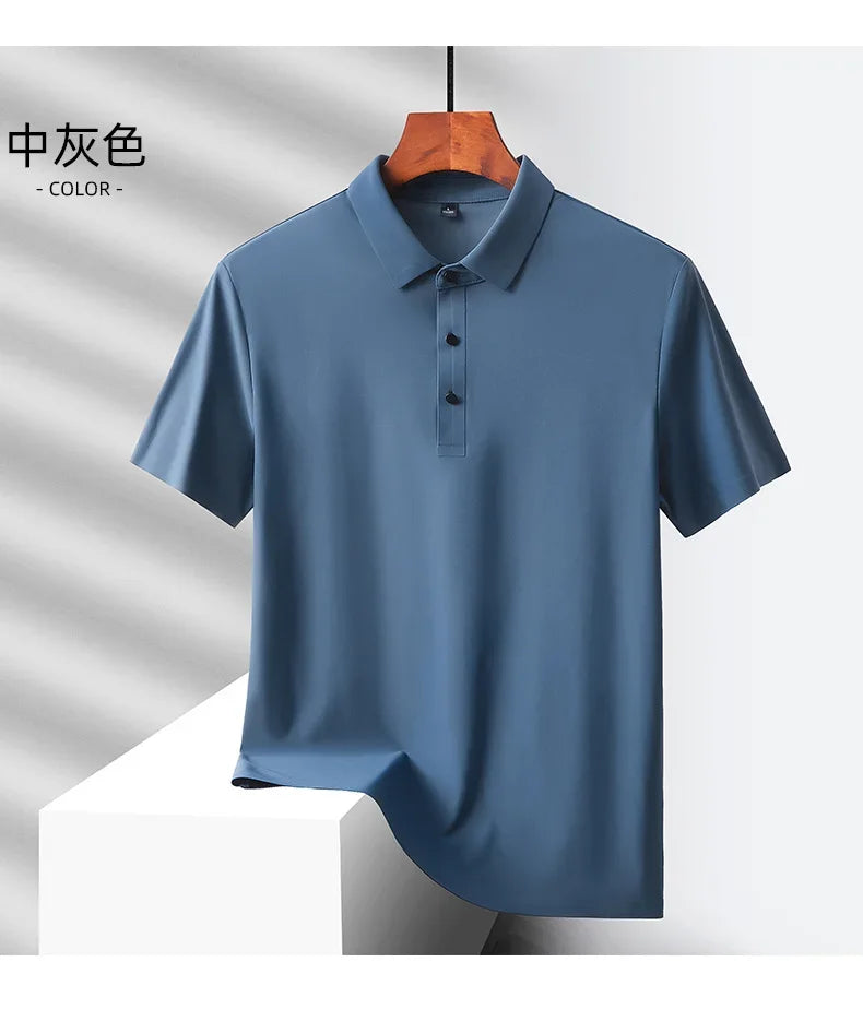 Summer Ice Silk Quick Drying Loose Polo Shirt Middle Aged Men's Solid Lapel Button Simple Versatile Casual Thin Short Sleeve Top