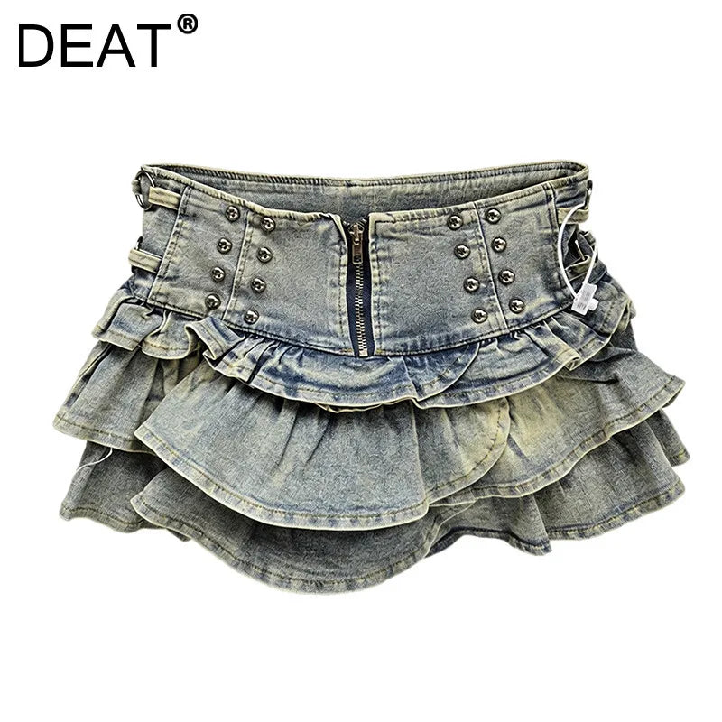 DEAT Women's Denim Skirts Rivet Design A-line High Waist Zipper Ruffles Hem Mini Short Skirt Summer 2026 New Fashion 29A6725