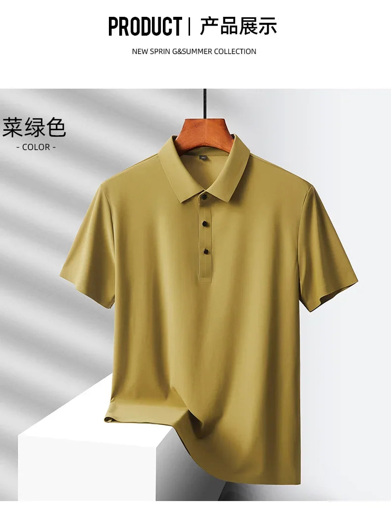Summer Ice Silk Quick Drying Loose Polo Shirt Middle Aged Men's Solid Lapel Button Simple Versatile Casual Thin Short Sleeve Top