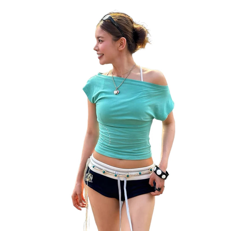 Weird Puss Skew Collar t-Shirt Women Fake 3d Decoration Short Sleeve Skinny Summer Fashion Simple Elasticity Daily Streetwear