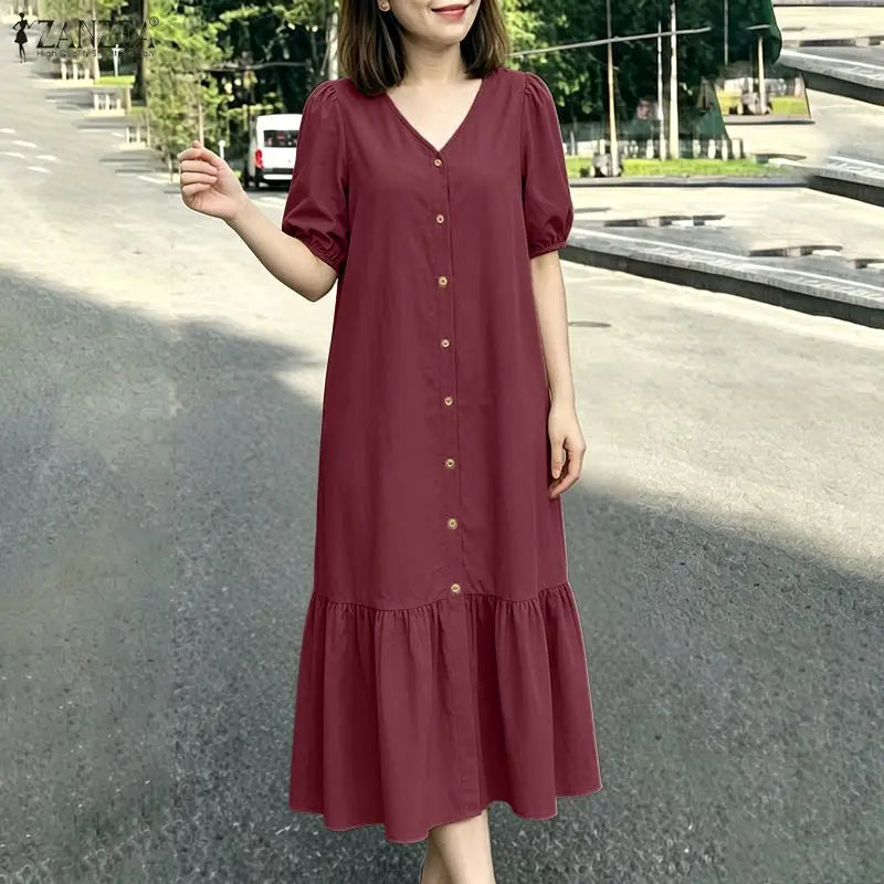 ZANZEA Summer Maxi Dress WomenV Neck Puff Sleeve Button Down Dress Casual Loose Solid Color Ruffle Hem Vacation Sundress Robe