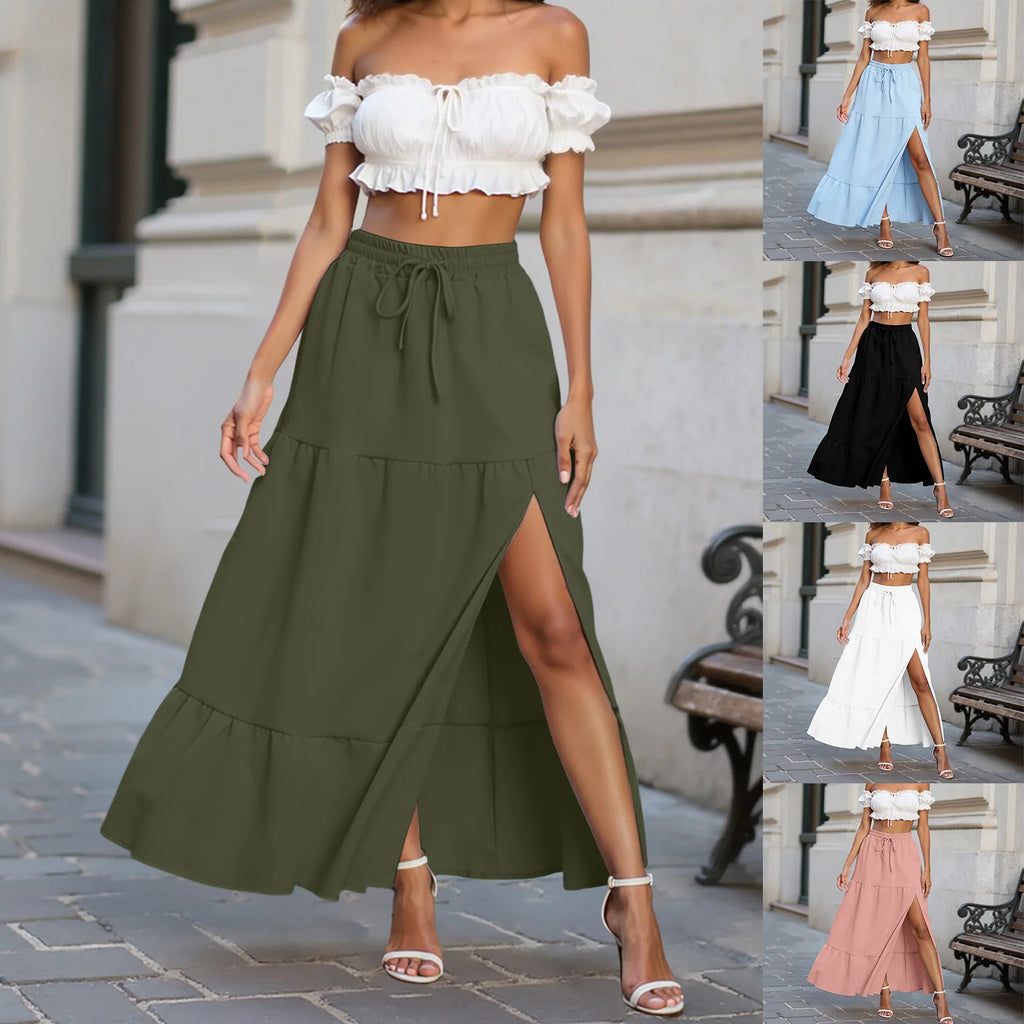 Women Flowing A Line Long And Wide Leg Skirt Summer Casual Pure Color Elastic Waistband A Shaped Pattern Bohemian Skirt. Beach