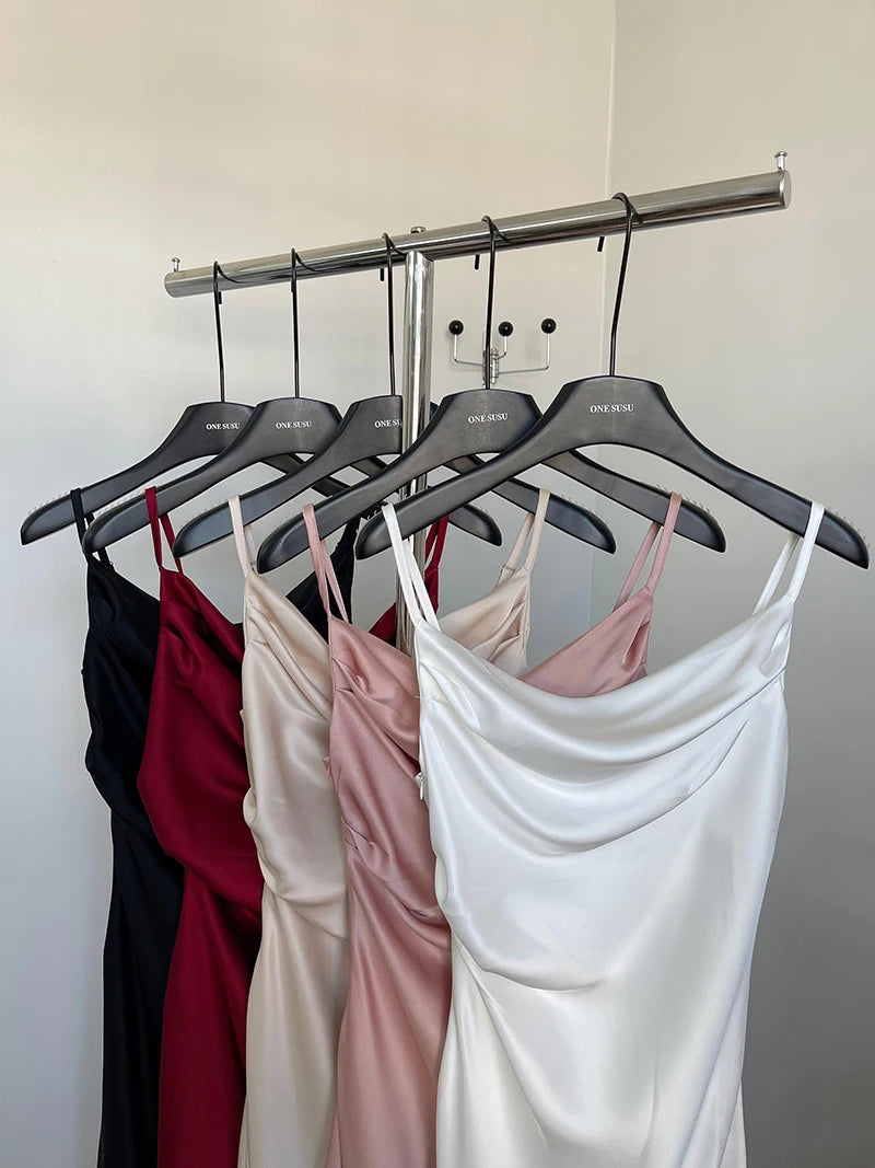 Women's Sexy Swinging Collar Satin Strap Long Dress Lady Summer Solid Color Slim Pleated Wasit Split Party Dress