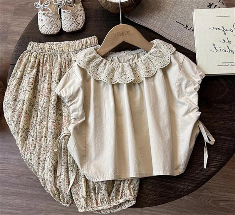 2026 Kids Casual Clothing Suit Children Floral Collar Shirt + Pants 2Pc Outfit Girls Summer Bloomers+Top Set 1-6 Years