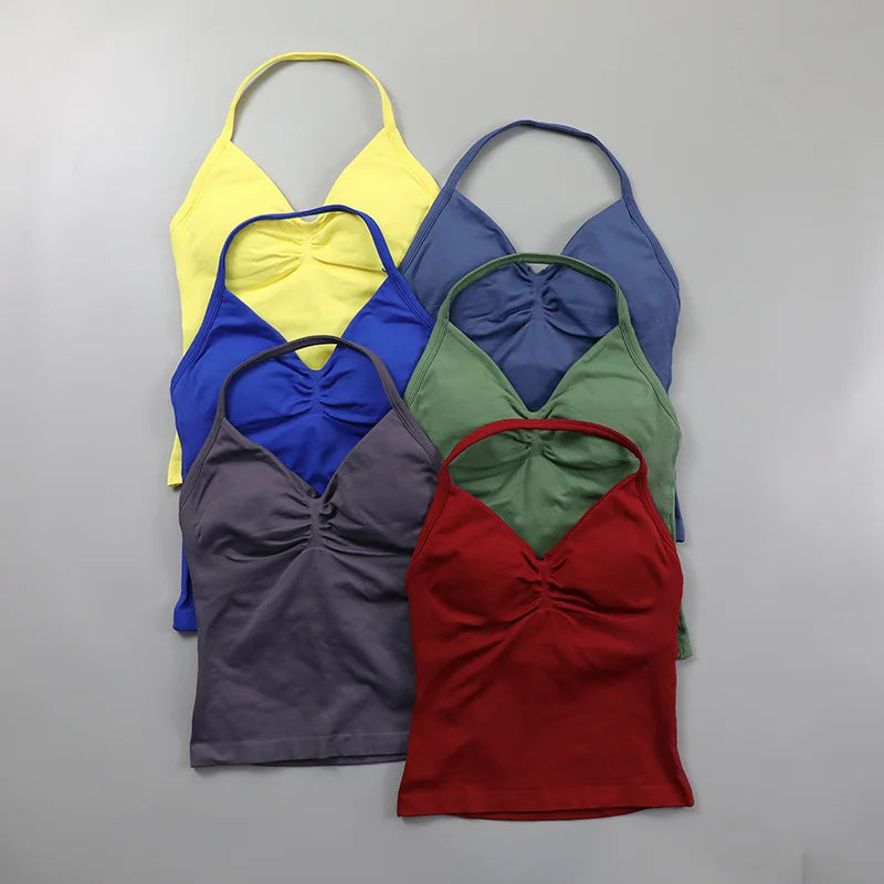 No Logo Longline Strappy Top Women Seamless Yoga Tank Top Ruched Backless Gym Clothes Workout Sleeveless Shirt With Built In Bra