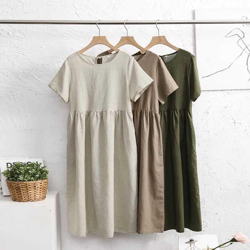 Cotton Linen Dresses For Women 2026 Casualshort Sleeve Back Bandage Harajuku Long Dresse Ladies Dresses Summer Sale Vestidos