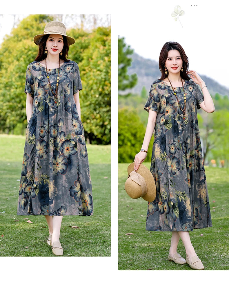 New Print plus size 2026 New Fashion Floral Printed Summer Dress Vestidos Elegant Short Sleeve Slim O-Neck Party Women clothing