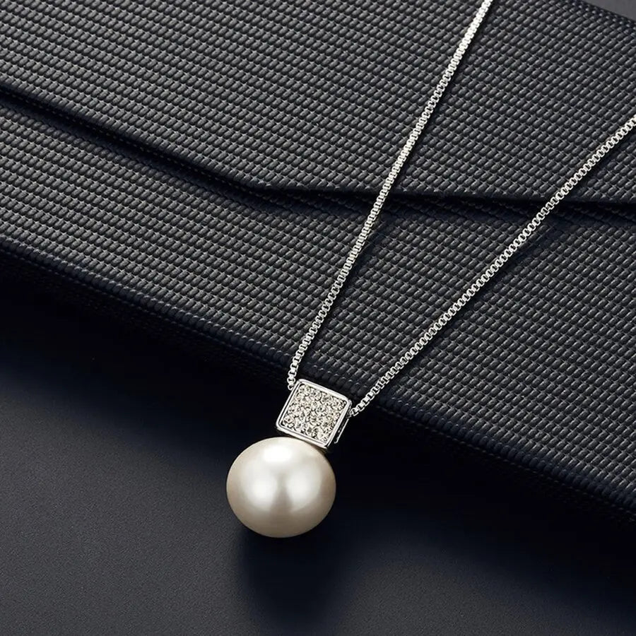 2 Pcs Imitation Pearl Pendant Women'S Necklace Earring Stud Set Silver Color Snake Chain Square Metal Full Crystal Jewelry Set
