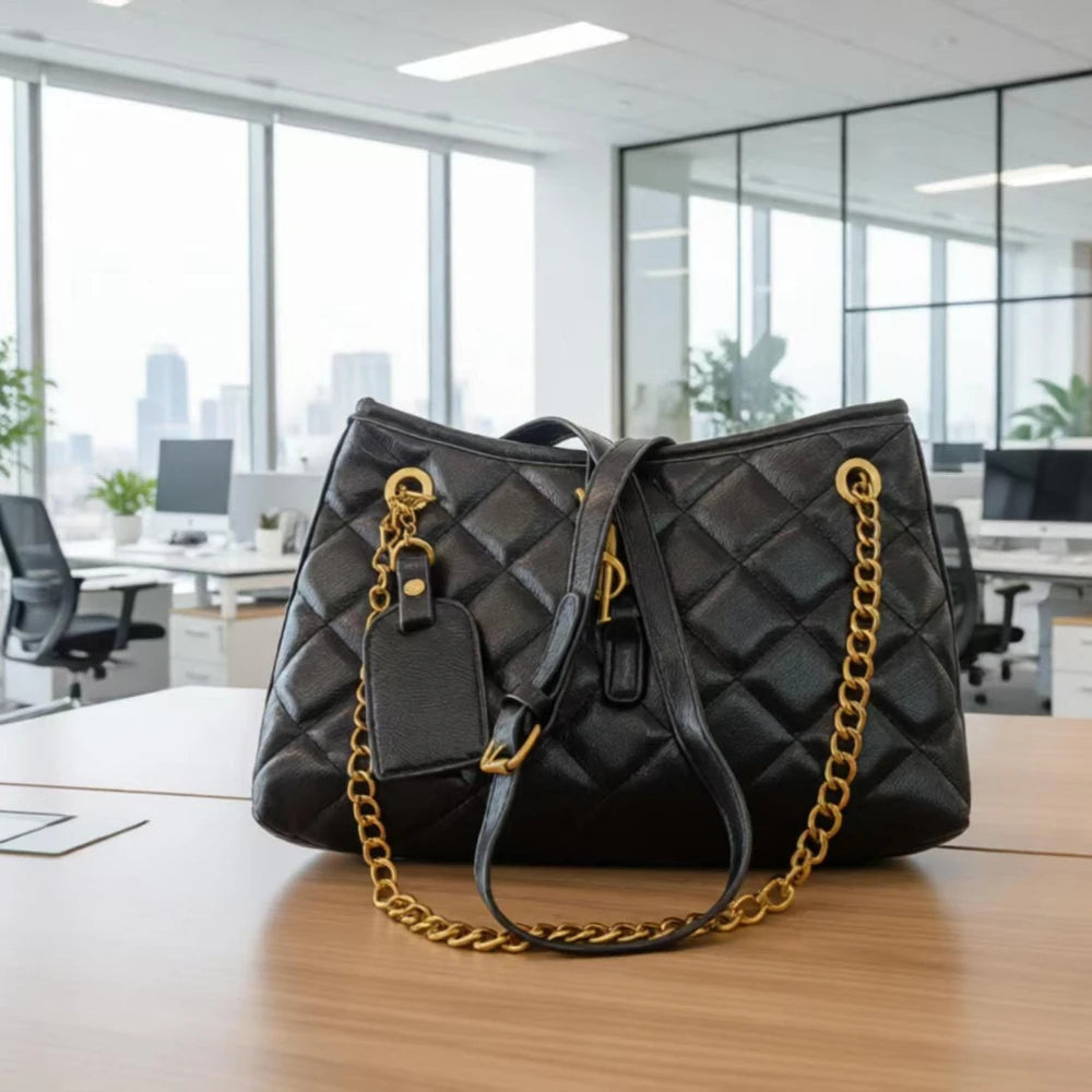 European Style This Year's New High-End Women's Diamond Grid Chain Bag Versatile for Work, Black Single Shoulder Crossbody Bag