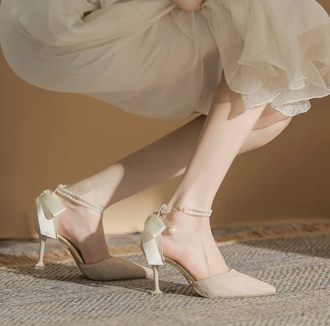 Fashionable high-heeled women's 2025 summer new pearl open-back evening dress stiletto style fairy-tale elegant single shoes