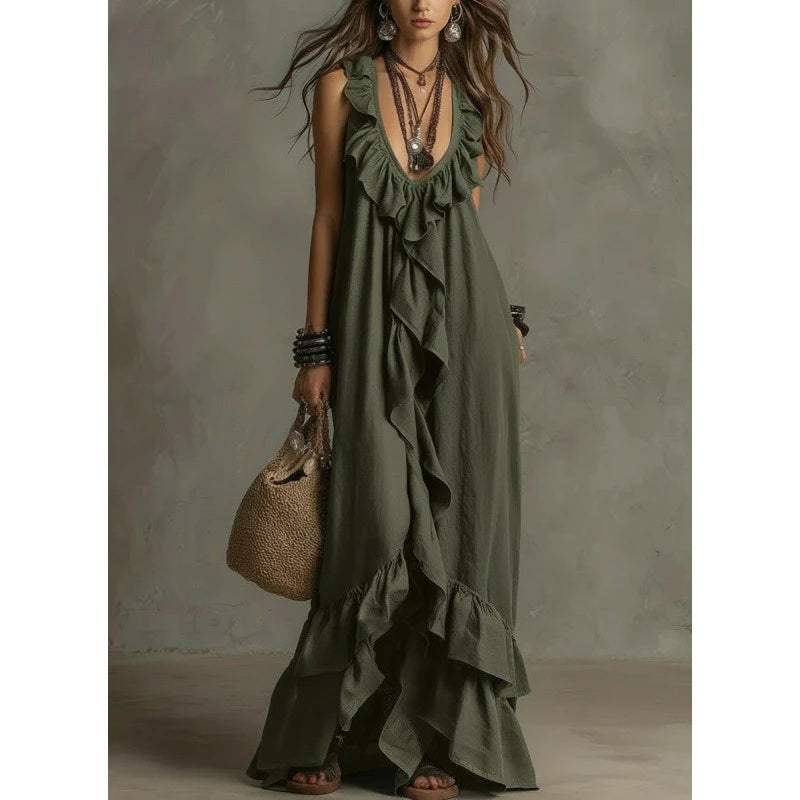 Boho Ruffled Maxi Dress Deep V Sleeveless Cascading Ruffle Loose Flowy Floor Length Beach Vacation Casual Long Dresses Cover Up