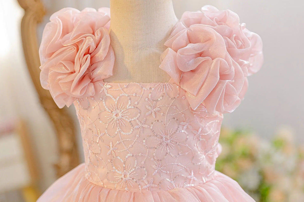 HETISO Baby Girls Summer New Version Layered Dresses Children's One Year Princess Sequined Pink Wedding Party Ball Gown 1-5Y