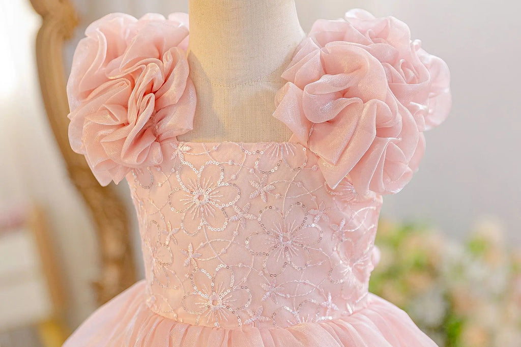 HETISO Baby Girls Summer New Version Layered Dresses Children's One Year Princess Sequined Pink Wedding Party Ball Gown 1-5Y