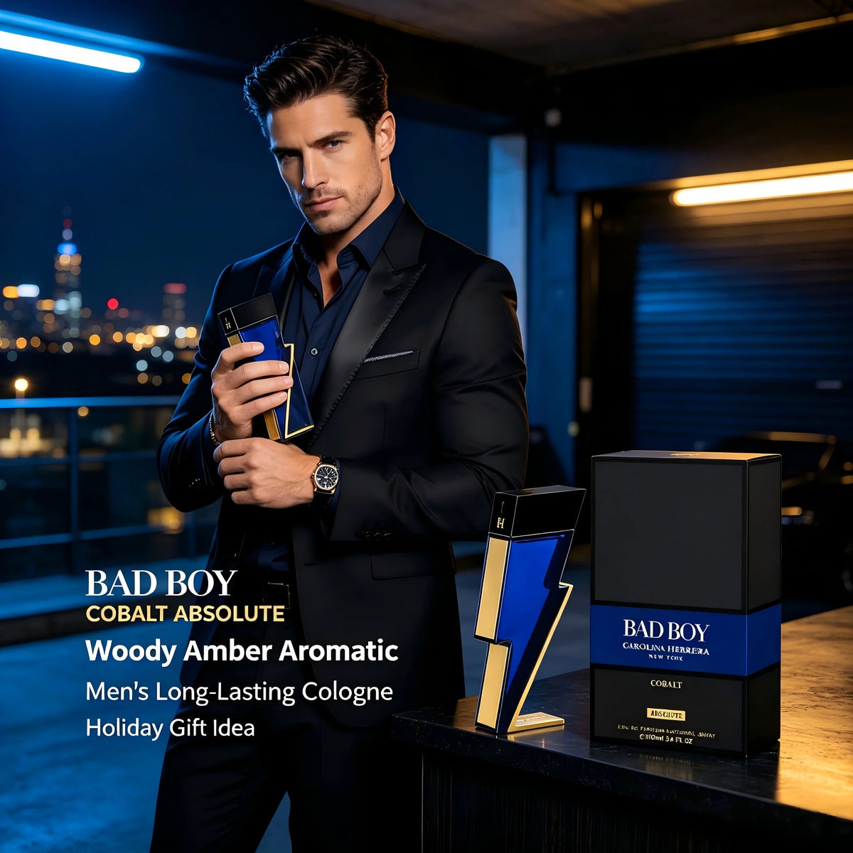 Carolina Herrera Bad Boy Cobalt Absolute EDP for Men, 2.7 fl oz/80ml, 1 Bottle, Woody Amber Aromatic Long Lasting Men's Cologne, Birthday Gift for Him, Fall, Halloween, Thanksgiving, Black Friday, Christmas, New Year Holiday
