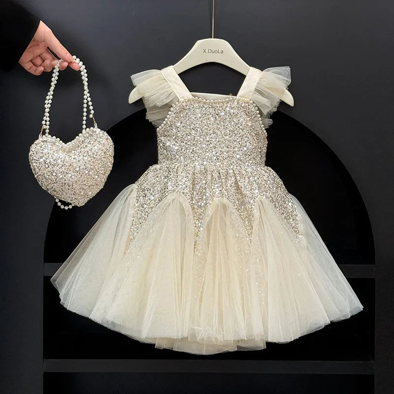 Kids Girl Clothes Sequined Flying Sleeves New Summer Dresses For Girls Elegant Mesh Vest Skirt Princess Dress Evening Prom