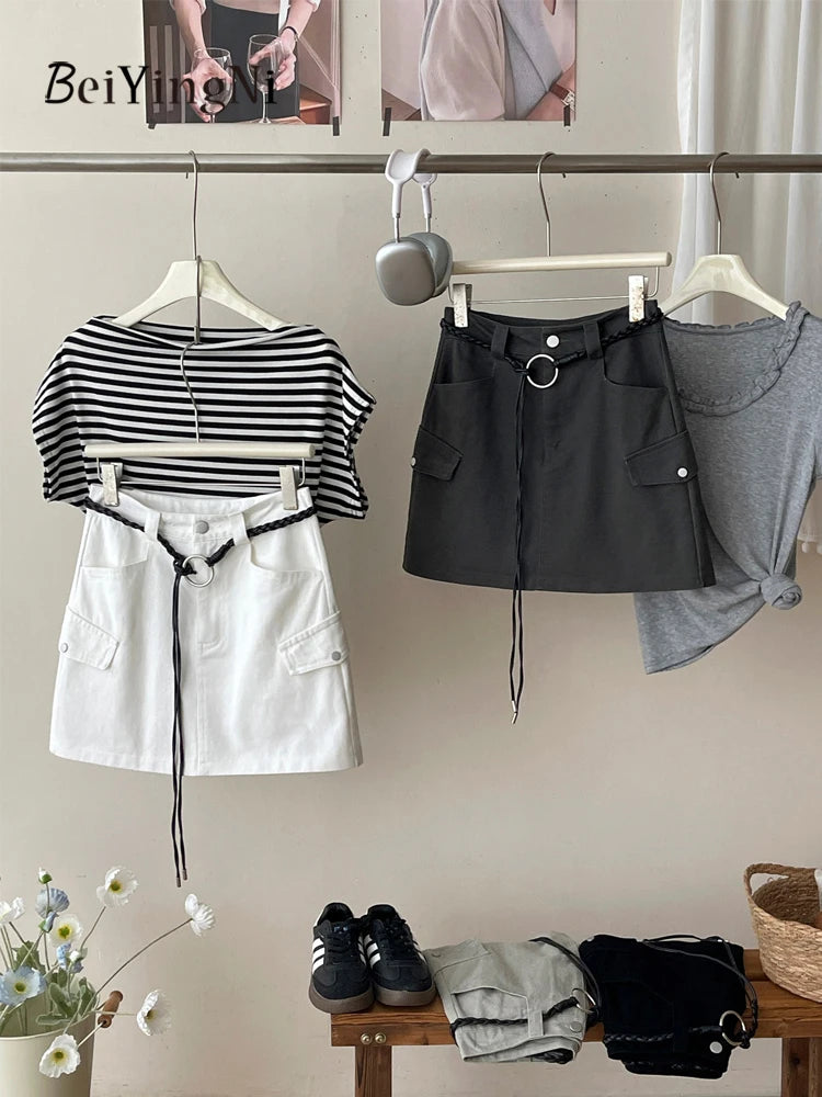 Beiyingni American Style Women's Short Denim Skirt Belt Vintage Fashion Summer High Waist A-line Skirts Female Streetwear Skirt