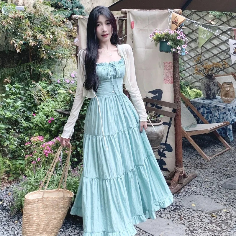 Sweet Long Dresses Beach Style Spring Summer A-line Elegant Women Dress Korean Fashion Sleeveless Ruffles Vestidos Mujer