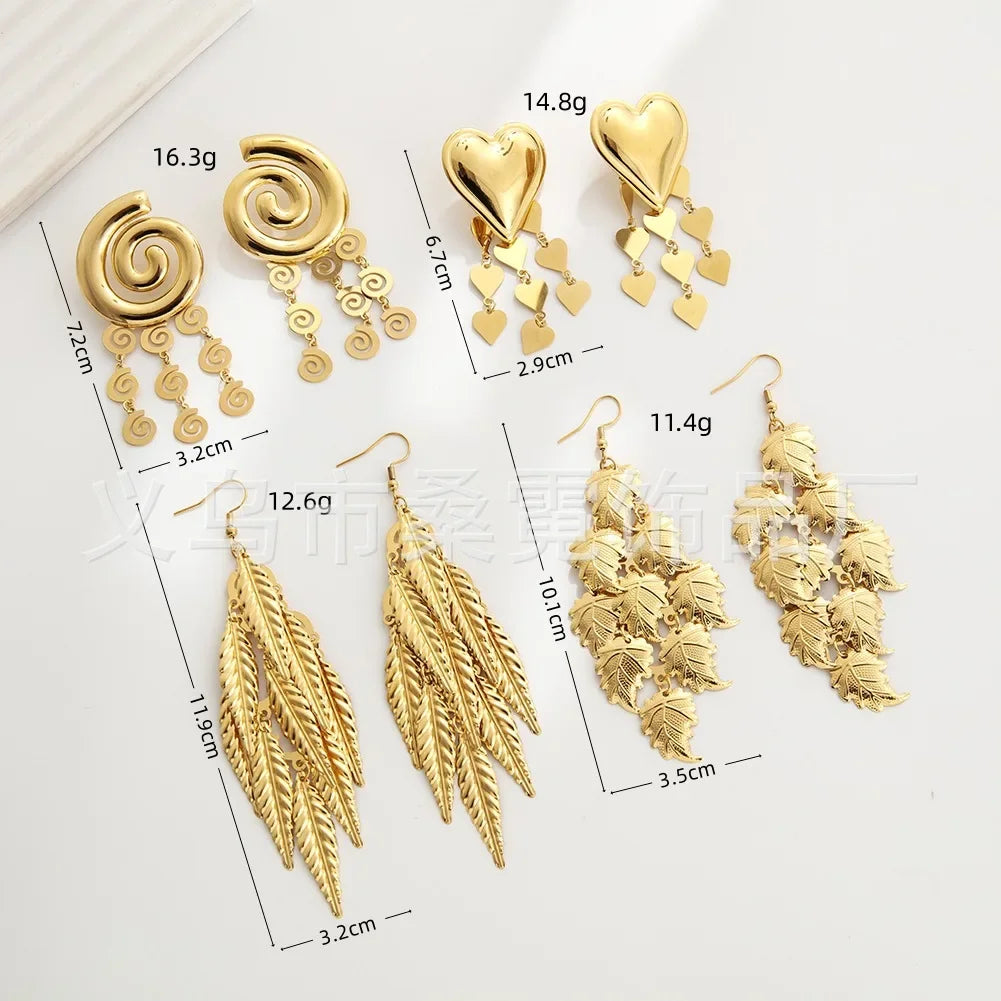 Exaggerated Multi-Layer Leaf Heart Long Stainless Steel Women's Earrings Geometric Tassel Drop Earrings Jewelry Accessories