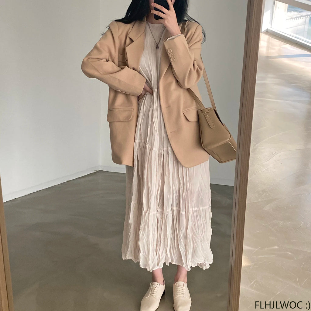 Autumn Spring Wrinkle Loose Dresses New Hot Women Cute Japan Style Retro Vintage Girls Holiday Casual Solid Apricot White Dress