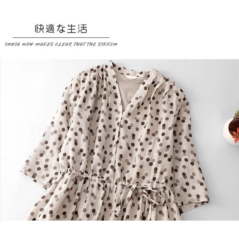 Elegant Large Size Slimming Women's Spring Summer New Hemp Polka Dot Print Artistic Temperament Dress Cotton Linen Material