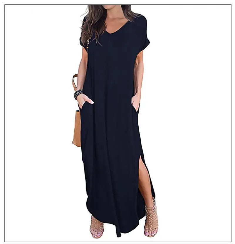 Women's Casual Maxi Dress V Neck Short Sleeve Dresses Loose Fit Long Dress with Pockets Side Slit Outfit Home Casual Daily Wear
