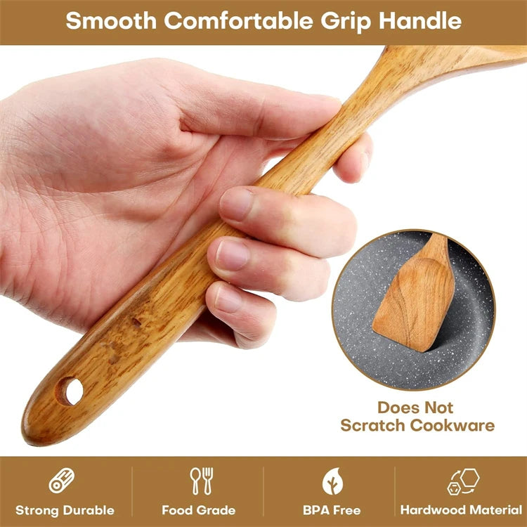 LMETJMA 10 Unidades de Utensilios de Cocina de Madera de Teca Natural, Juego de Cucharas y Espátulas de Madera para Cocinar y Hornear JT503