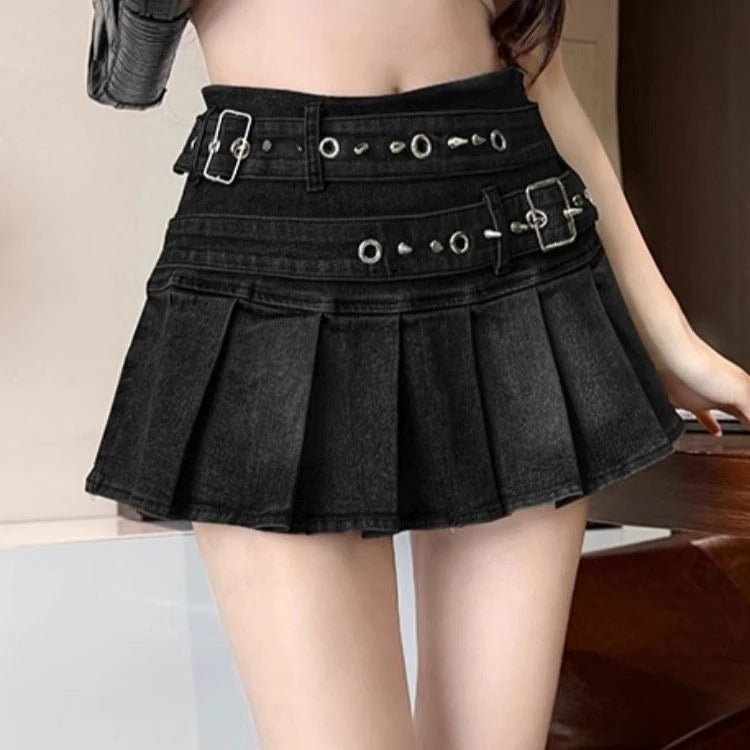 HIKIGAWA Women's High-Waist Denim A-Line Mini Skirt - Y2K Aesthetic