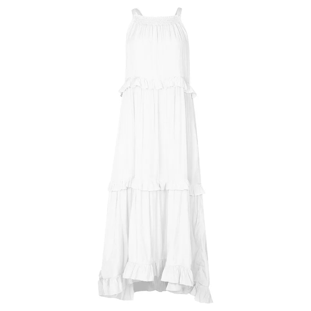 Bohemian Style Women Ruffles Long Dress Sleeveless Solid Color Smocked Halter Maxi Dress Layered design Loose Fit Halter Dress